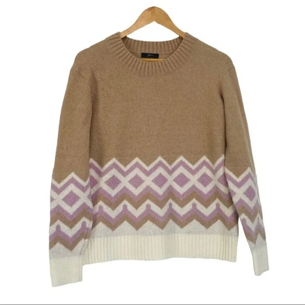J.Crew Chevron Tan Crew Wool Blend Sweater Medium